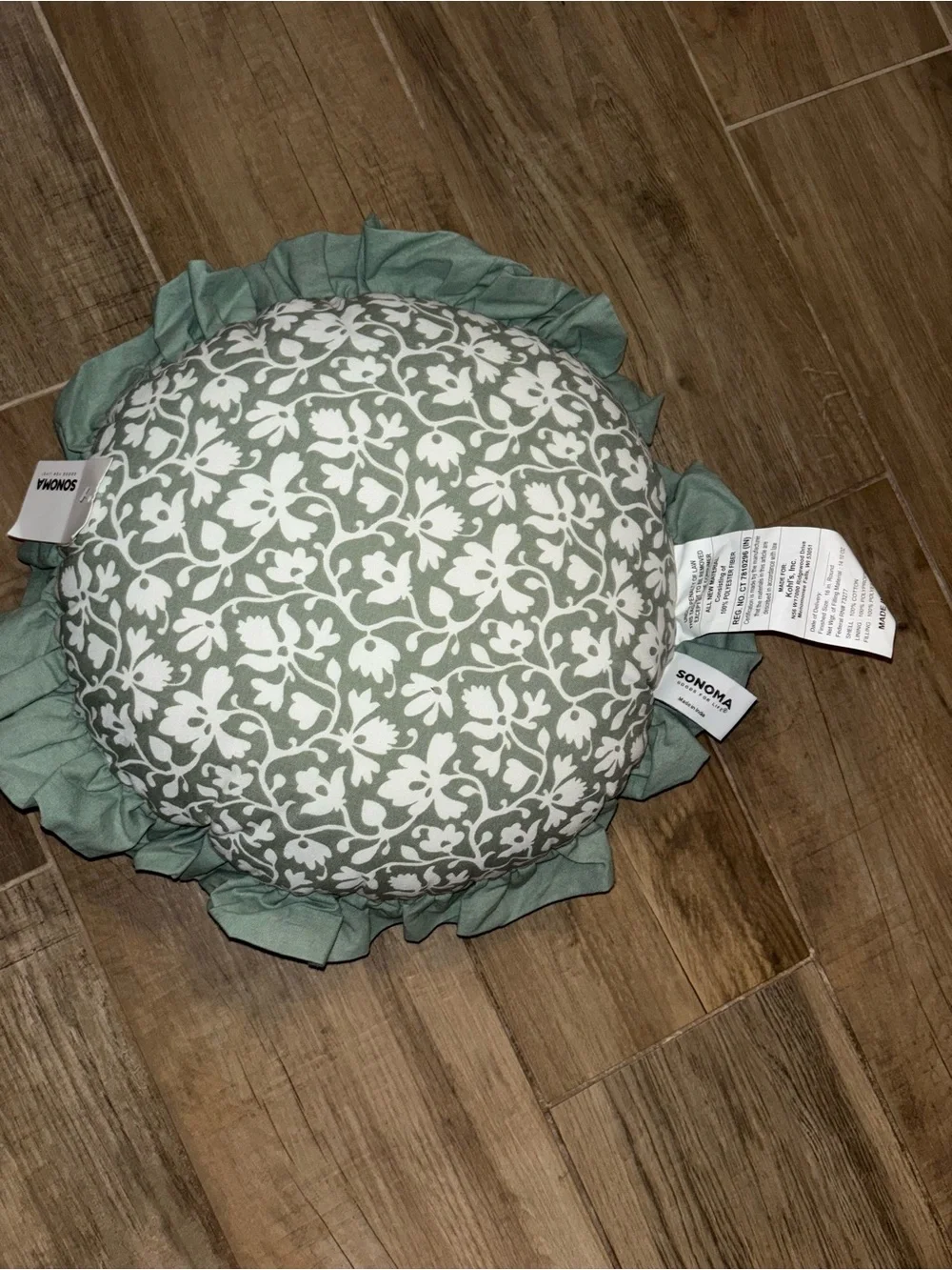 Round Floral Ruffle Throw Pillow - Sage Green